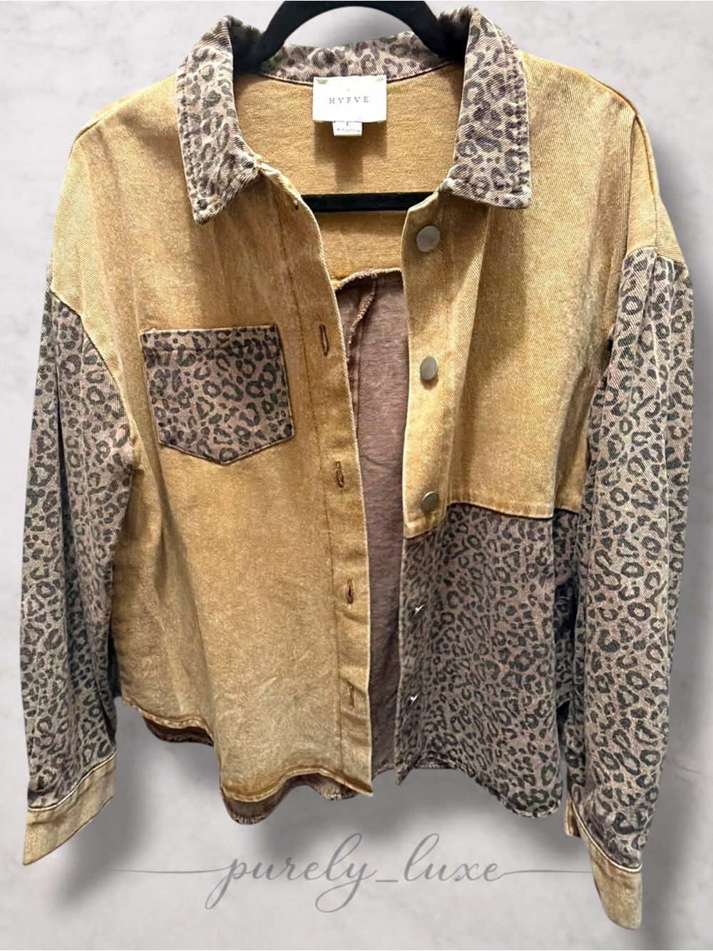HYFVE Two-Tone Leopard Patchwork Jean Jacket in Tan and Leopard